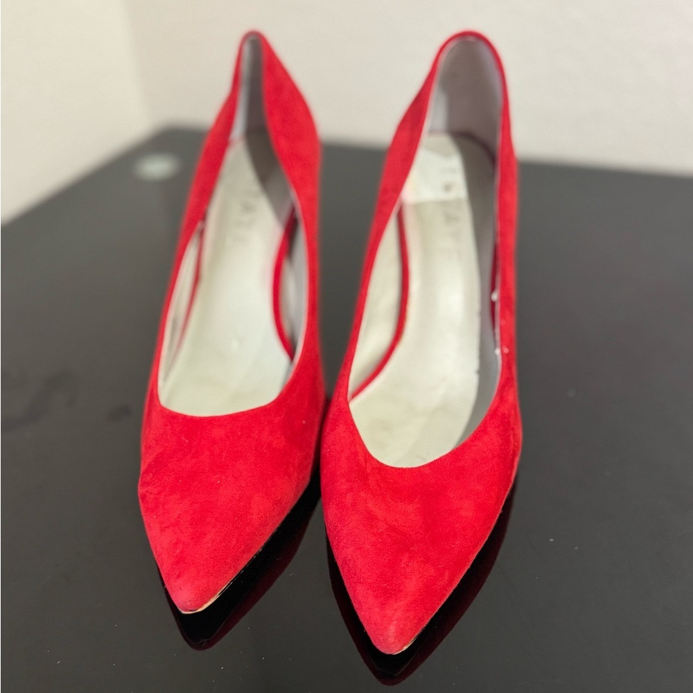 1. State Red Suede Pointed-Toe Heels